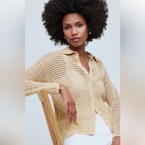 NEW Madewell Open Stitch Polo Cardigan Eyelet Size S Tan